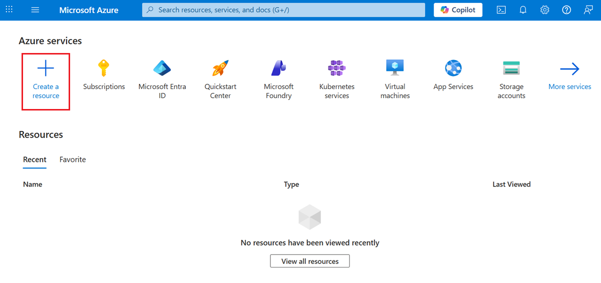 Screenshot of the Azure portal, highlighting the 'Create a resource' icon from the home page.