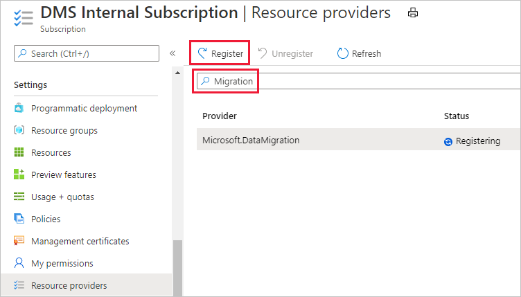 Screenshot of the Register resource provider screen.