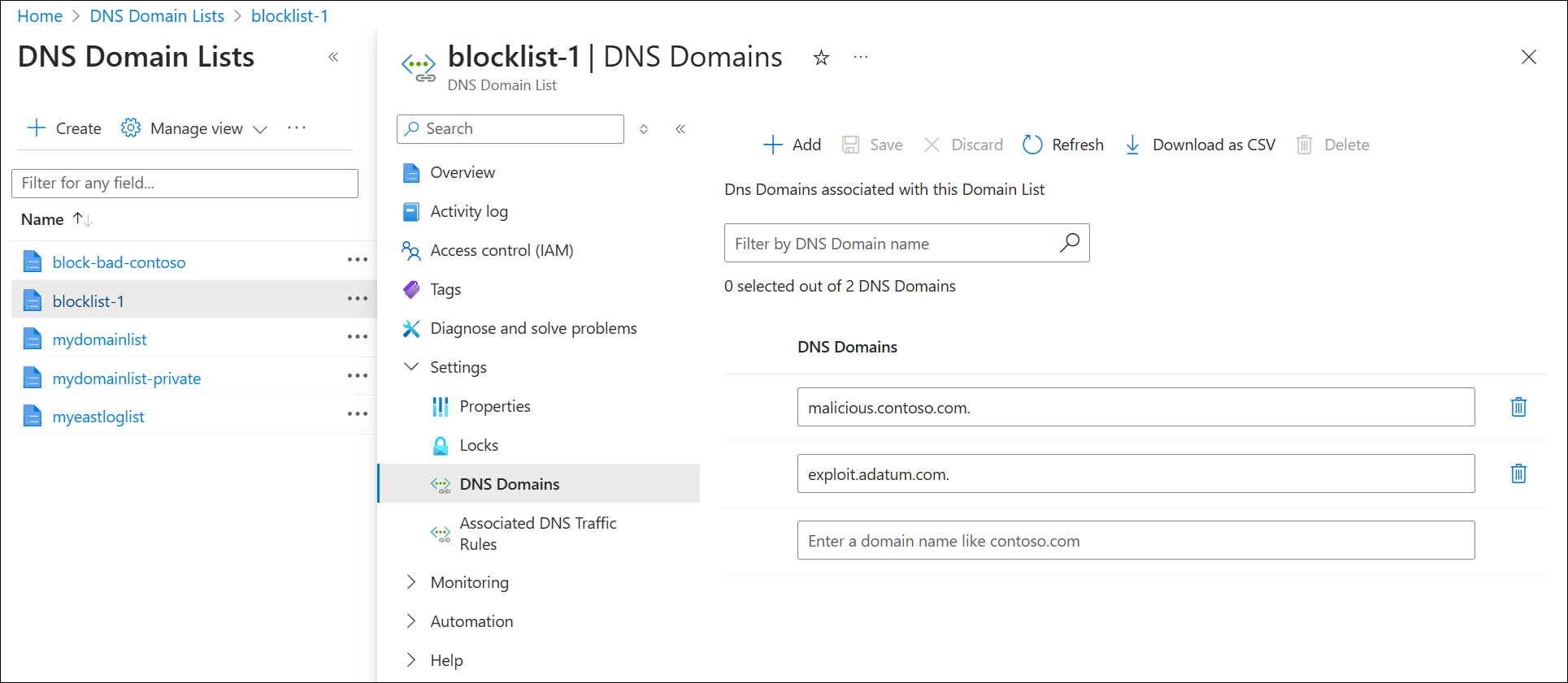 Screenshot of domains inside a domain list.