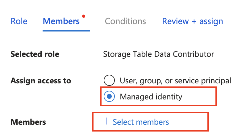 Screenshot of assigning storage access roles to a managed identity in the Azure portal.
