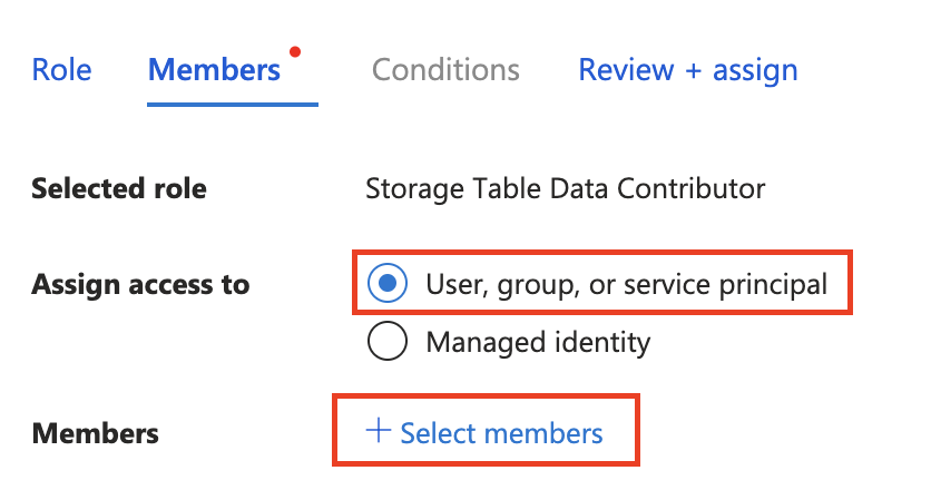 Screenshot of assigning Storage Data Contributor roles to a user in the Azure portal Access Control page.