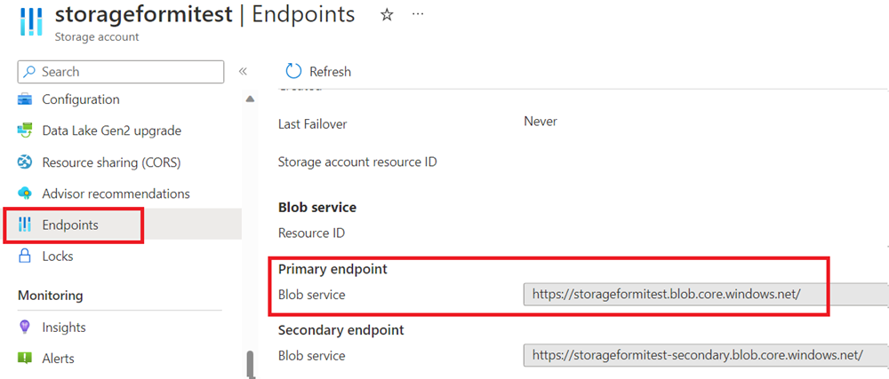 Screenshot of the storage account endpoints tab showing blob, queue, and table service URIs.
