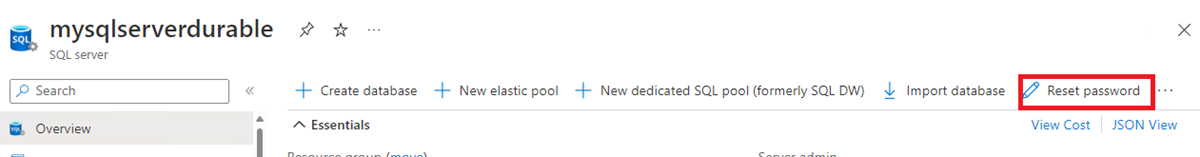 Screenshot of the reset password button on the Azure SQL server resource page.