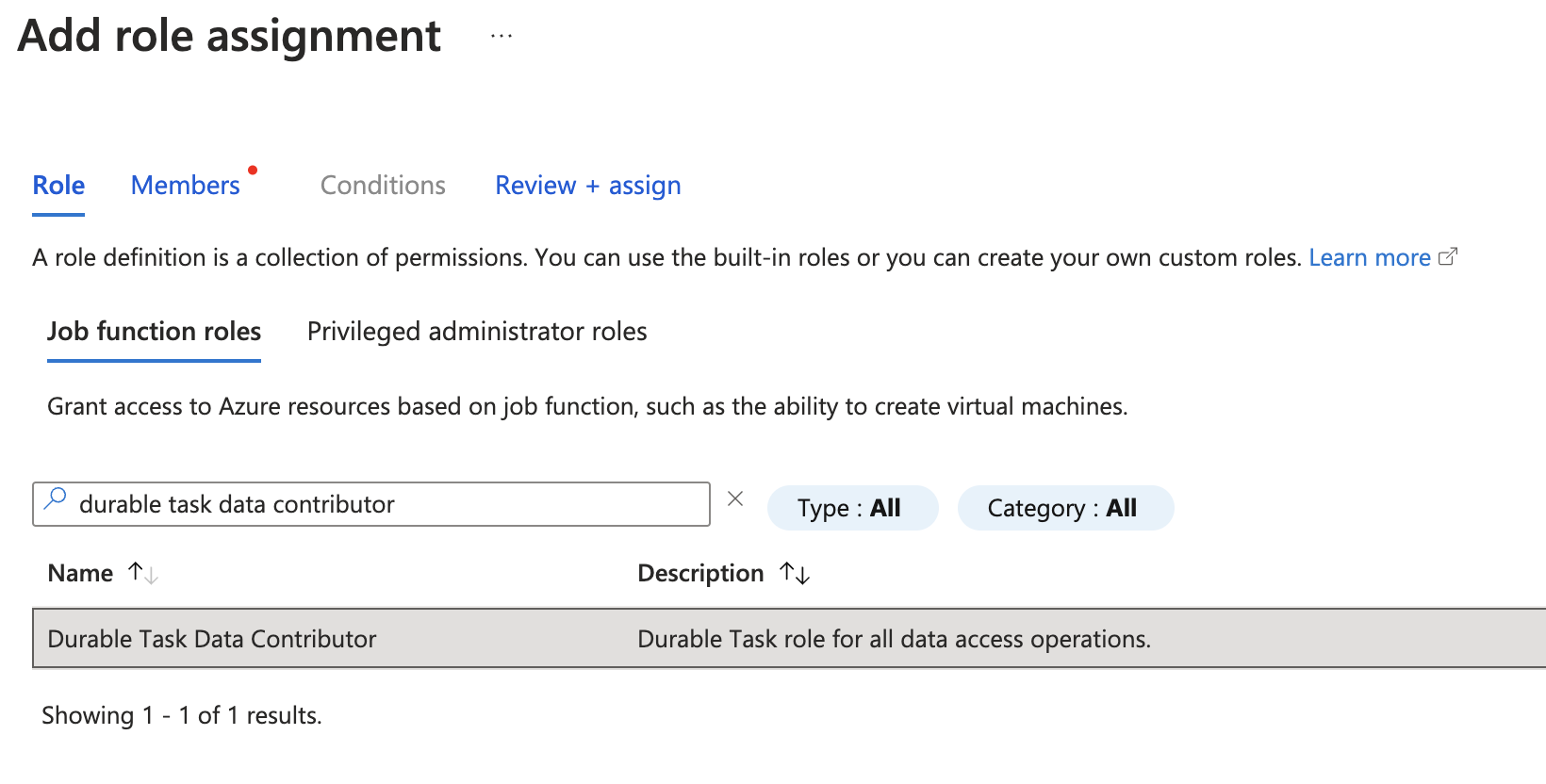 Screenshot of selecting the Durable Task Data Contributor role assignment in the portal.