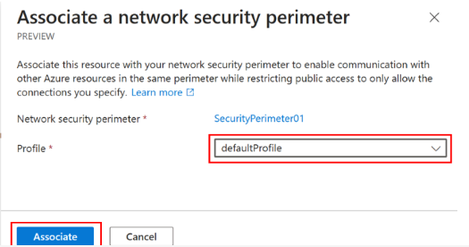 Screenshot that shows the Select network security perimeter page with a profile selected.
