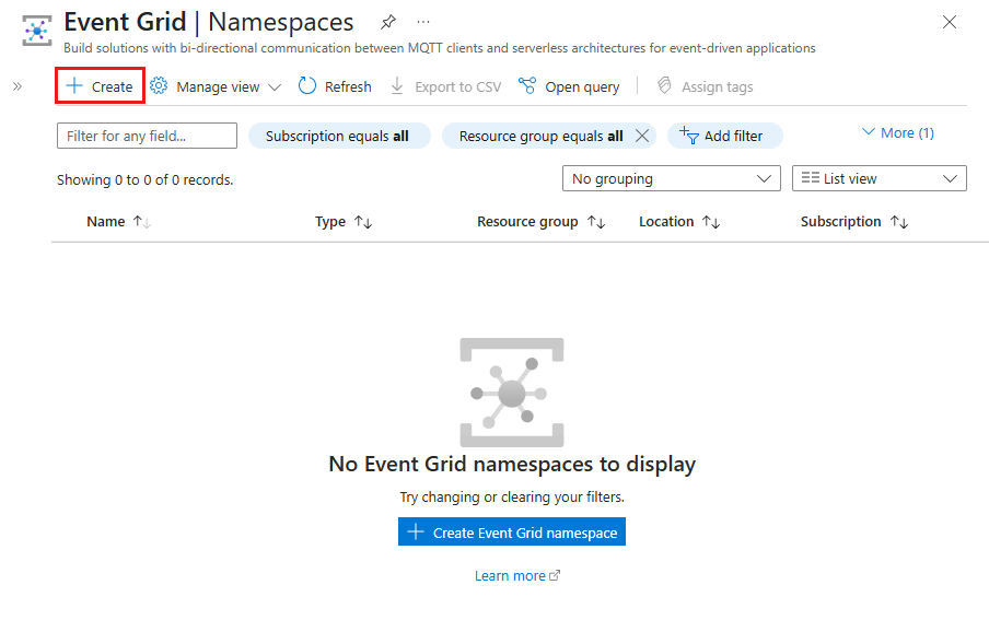 Screenshot showing Event Grid Namespaces page with the Create button on the toolbar selected.