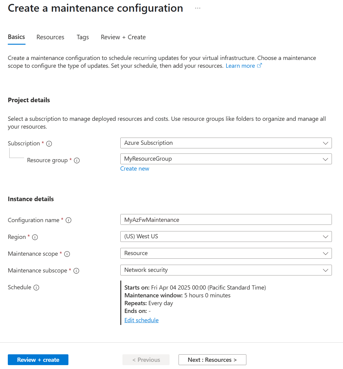 Screenshot showing the creation of maintenance configuration.