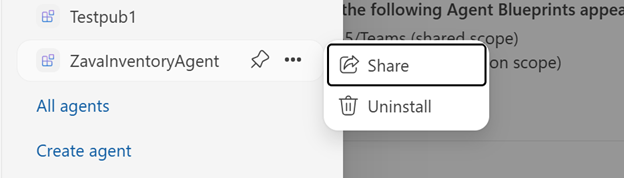 Screenshot of how to share an Individual scoped published agent with others in your org.