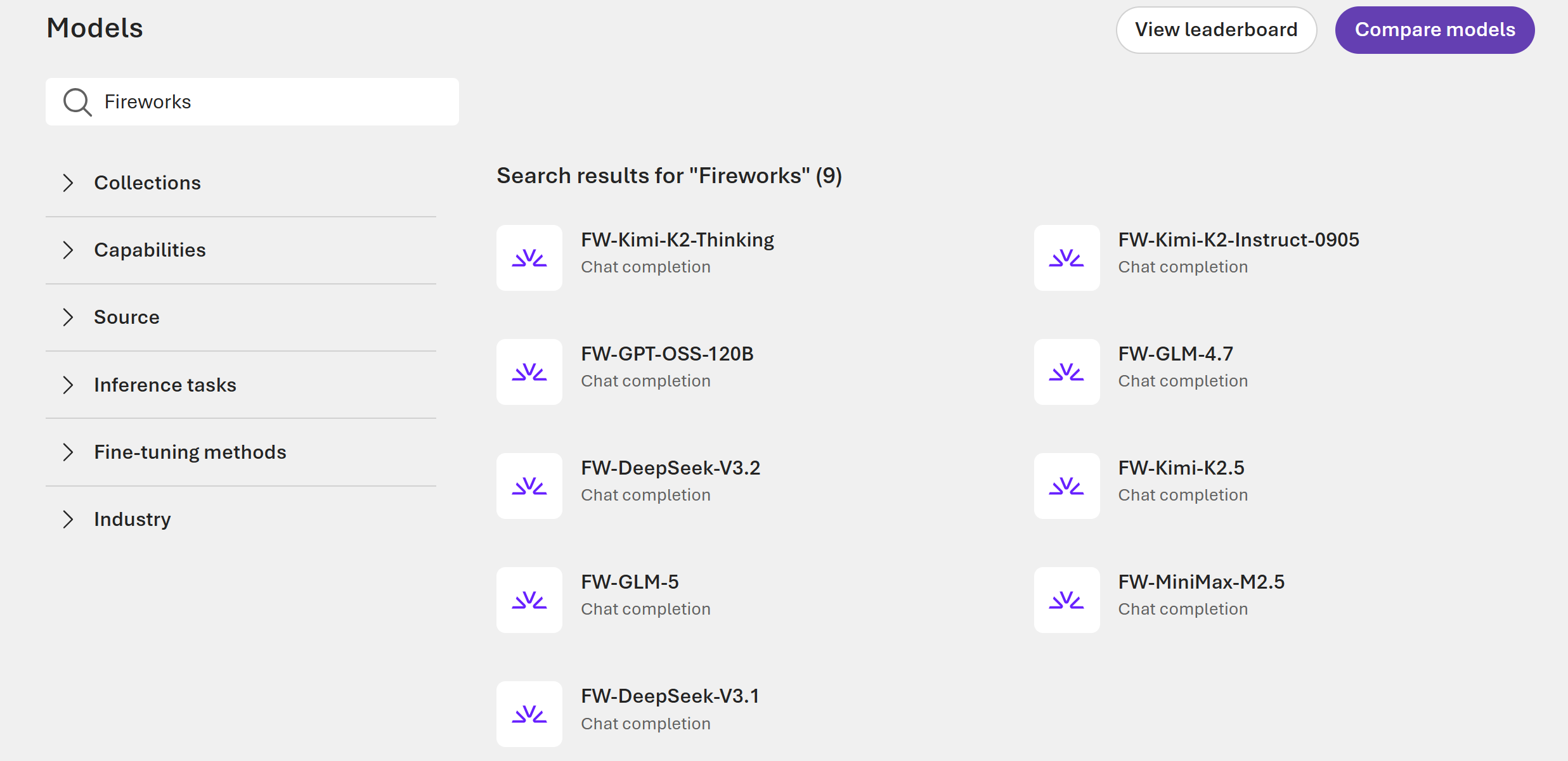 Screenshot of Foundry models homepage showing available Fireworks models.