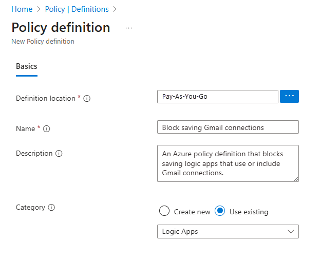 Screenshot shows policy definition values for saving Gmail connections.