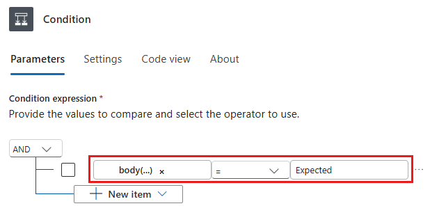 Screenshot shows the Condition action with the example condition to evaluate.