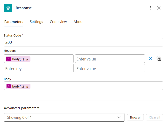 Screenshot shows Response action and resolved expressions that access the AS2 MDN.