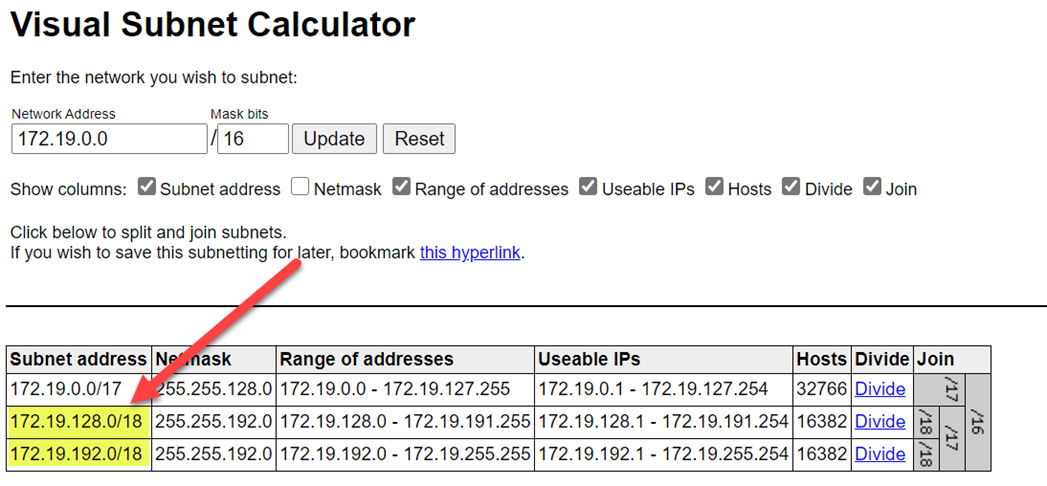 Screenshot that shows the Visual Subnet Calculator with two highlighted identical network addresses.