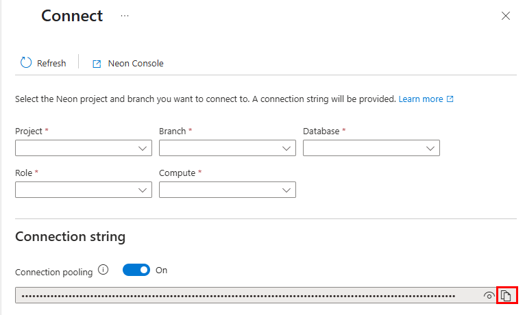 Screenshot of the options for connecting to a database, with the copy icon emphasized.