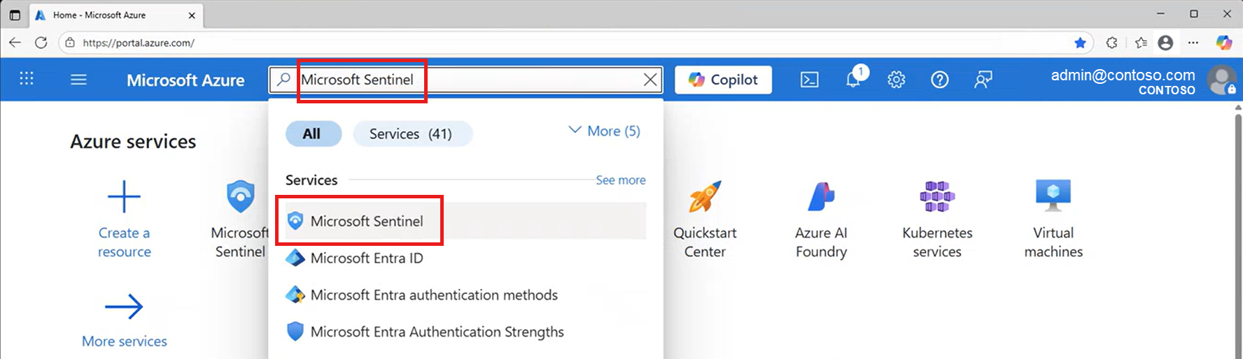 Screenshot of searching for and selecting Microsoft Sentinel from the Azure portal.