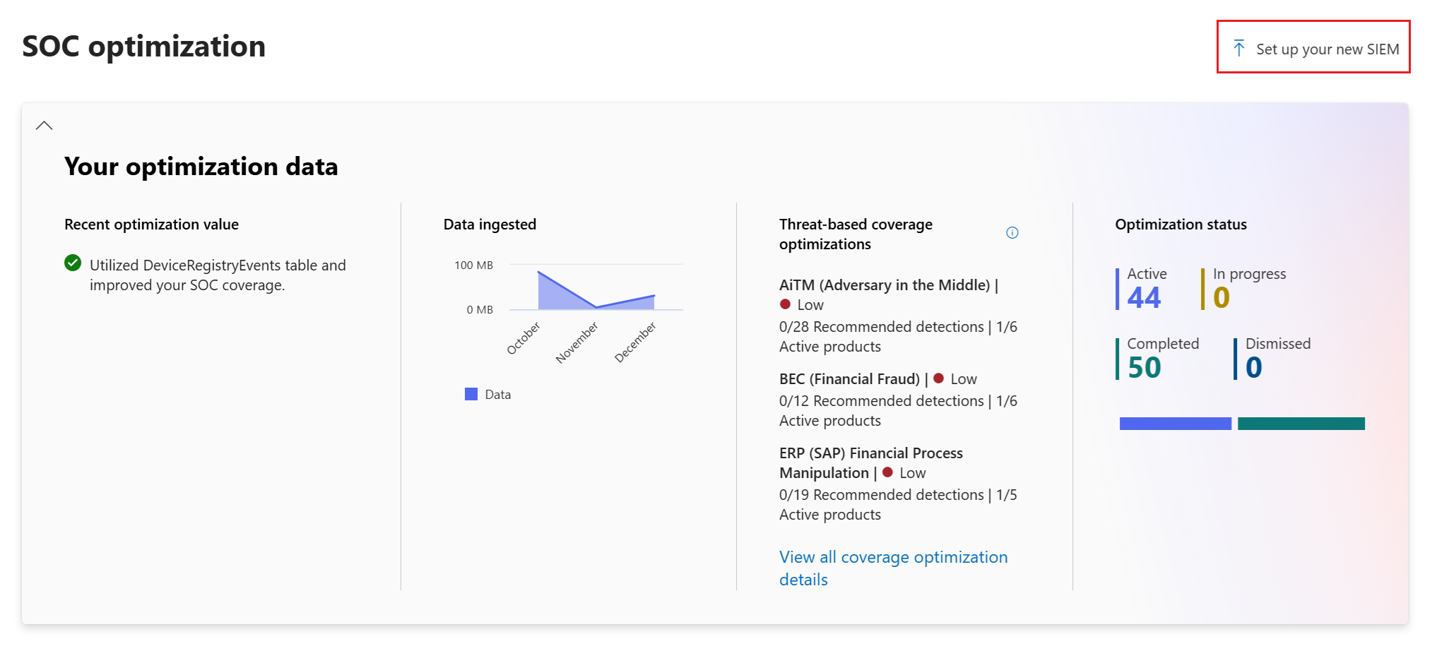 Screenshot of the Setup your new SIEM option in the top right corner of the SOC Optimization screen.