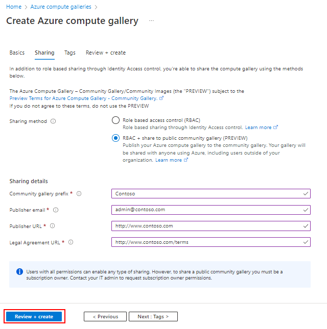Screenshot that shows the information that needs to be completed to create a community gallery.