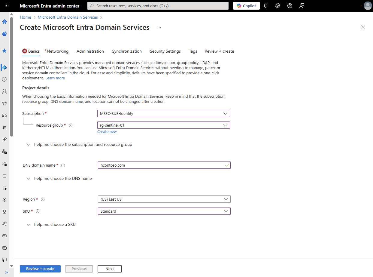 Screenshot of Basics configuration page for a managed domain.