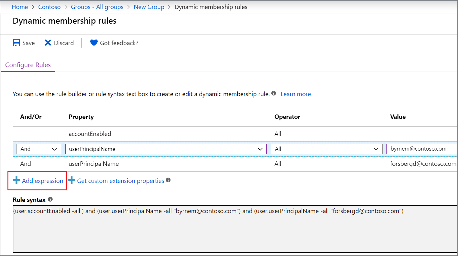 Screenshot that shows pane for configuring rules, with the button for adding an expression highlighted.