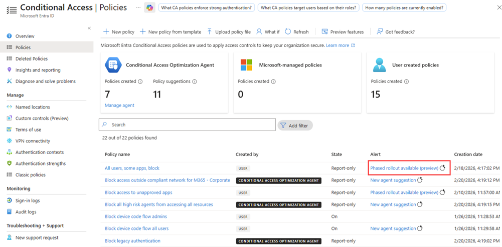 Screenshot of policy list with a phased rollout type highlighted.