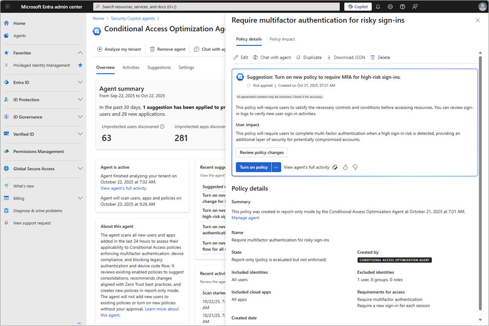 Screenshot of the agent with the policy suggestion details open.