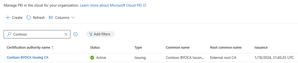 Cloud PKI CA list with newly created CA showing Active status.