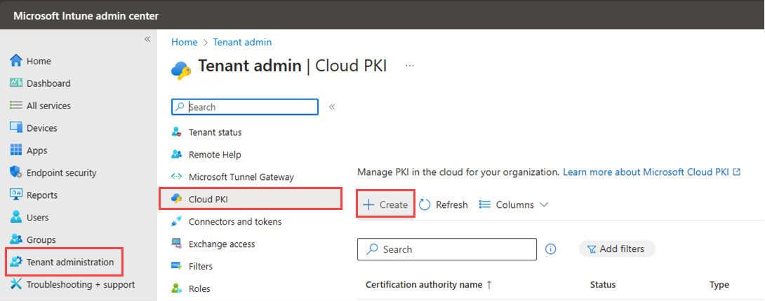 Cloud PKI page in Tenant administration with Create button highlighted.