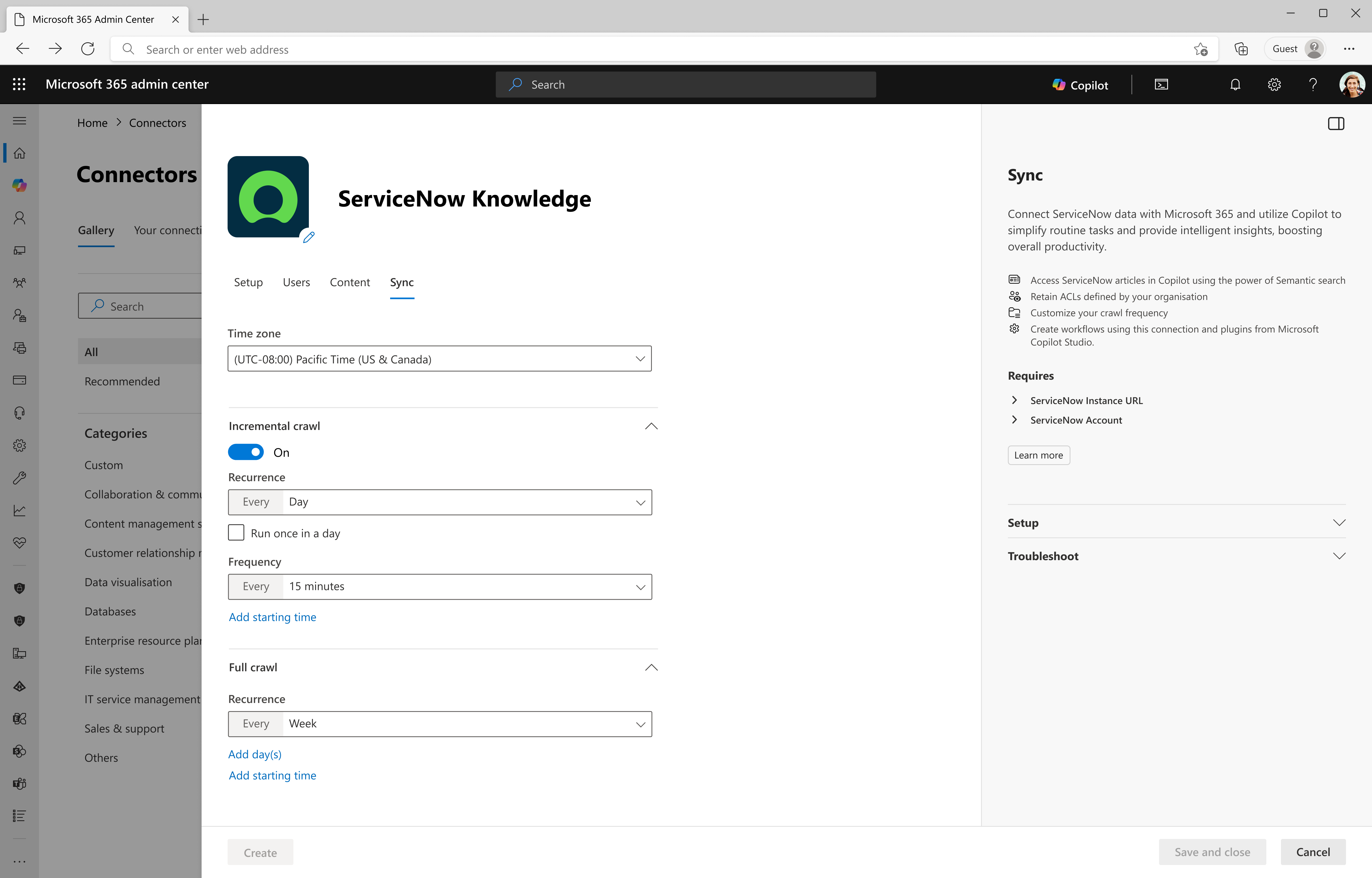 Screenshot that shows the Sync configuration screen for ServiceNow Knowledge Copilot connector.