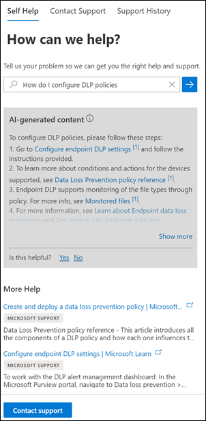 Screenshot of the Microsoft Purview portal help and support pane showing options for guided tours, Knowledge Center, and solution-specific help.