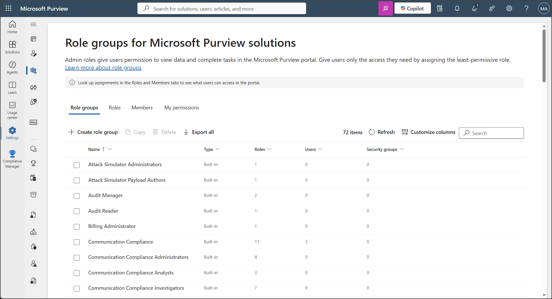 Screenshot of the Role groups page in the Microsoft Purview portal showing role groups, Microsoft Entra roles, and administrative units.