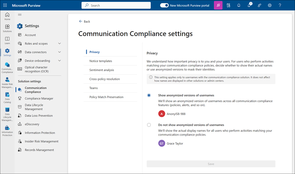 Screenshot of the Microsoft Purview portal solution settings page showing configuration options for a selected solution.