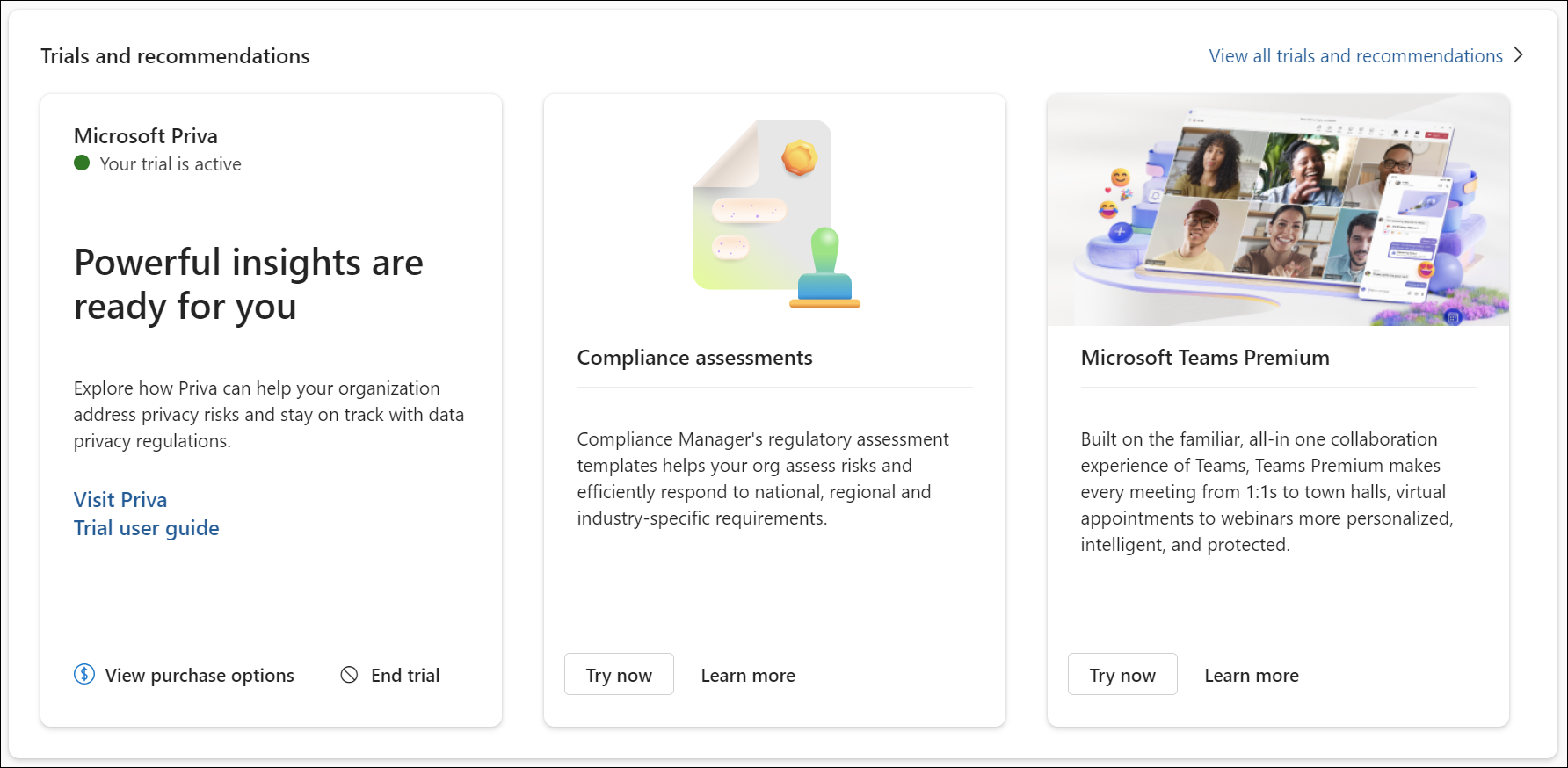 Screenshot of the Trials and recommendations card in the Microsoft Purview portal showing available trial solutions and recommended actions.