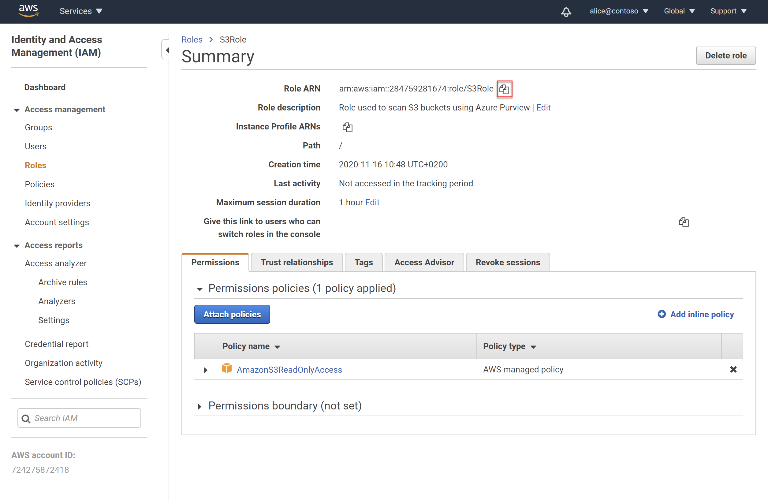 Copy the role ARN value to the clipboard.