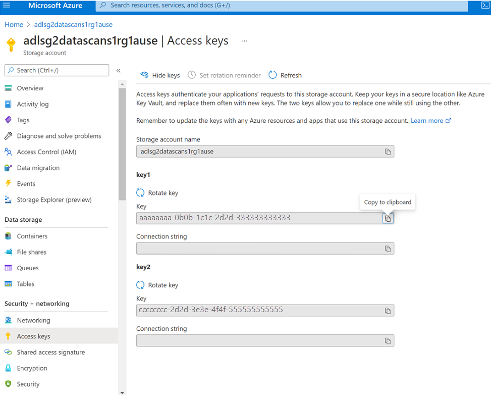 Screenshot that shows the access keys to be copied