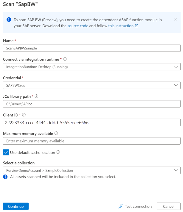Screenshot of setting up an SAP BW scan.