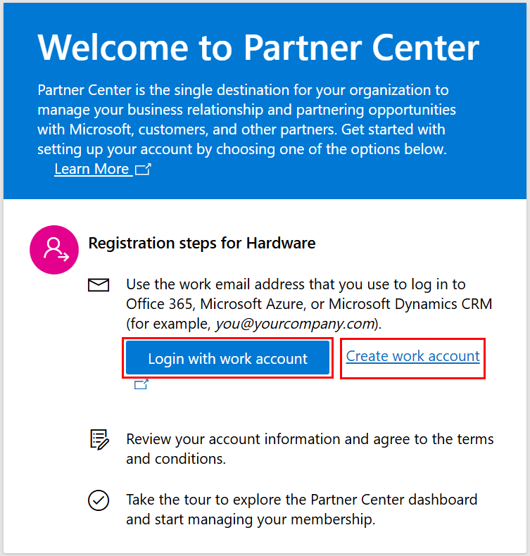 Screenshot of the Microsoft Partner Center page for the Hardware Developer Program registration process. The **Login with work account** button is selected.