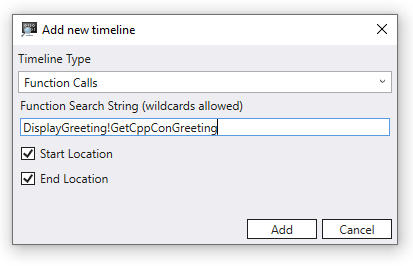 Screenshot of the Add new timeline dialog displaying the addition of a Function Calls timeline with a function search string of DisplayGreeting!GetCppConGreeting.
