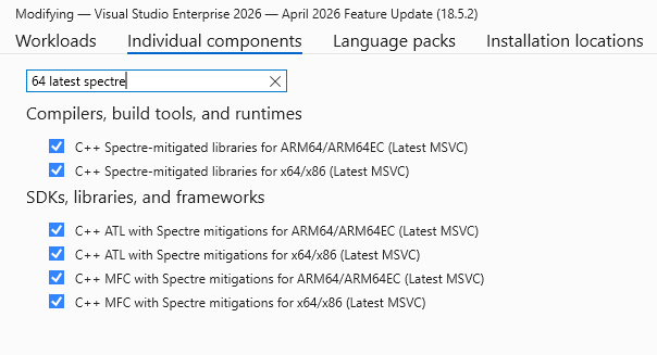 Image showing the six components listed with checkboxes set.