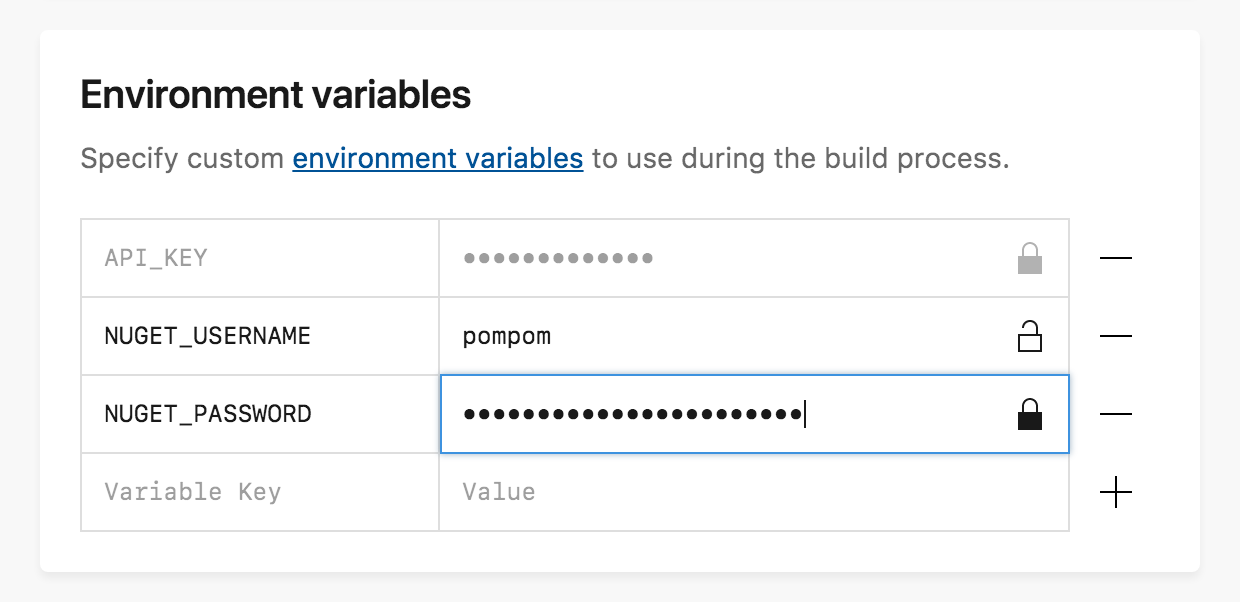 The build configuration showing custom environment variables in different states