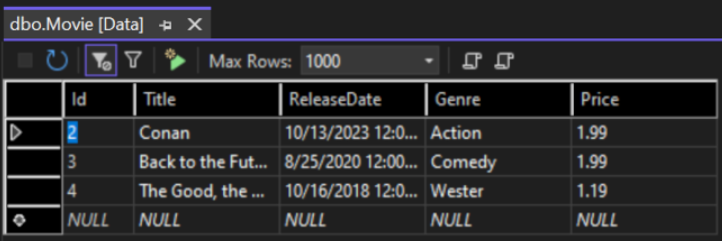 Movie table open showing table data.