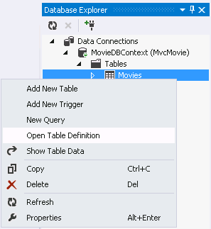 MoviesTable Screenshot that shows the Database Explorer window. Open Table Definition is selected in the Movies right click menu.