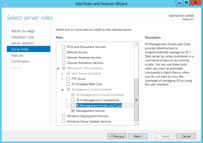 Screenshot of the Add Roles and Features Wizard with the Server Roles and I I S Management Scripts and Tools options being highlighted.