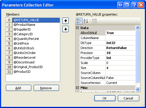 The Parameters Collection Editor Lists the Parameters Used Passed to the Products_Update Stored Procedure