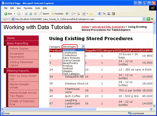 The ExistingSprocs.aspx Page Initially Displays the Beverages