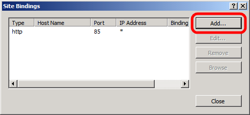 In the Site Bindings dialog box, click Add.