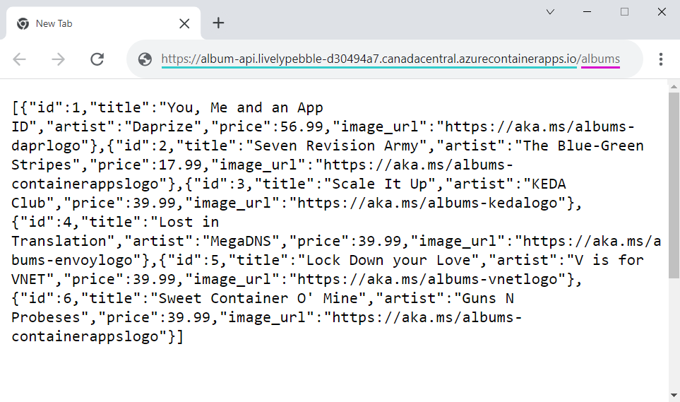 Screenshot of the response from the albums API endpoint.