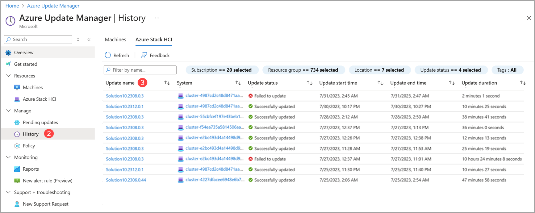 Screenshot to view update history in Azure Update Manager.