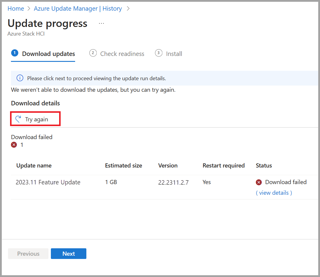 A screenshot of the retry a failed update button.