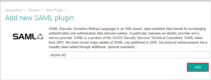 Screenshot shows the Add new SAML plugin dialog box with Microsoft Entra ID entered.