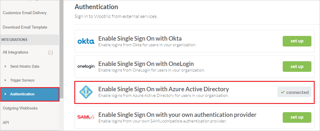 Screenshot shows Enable Single Sign On with Microsoft Entra connected in the Authentication item.